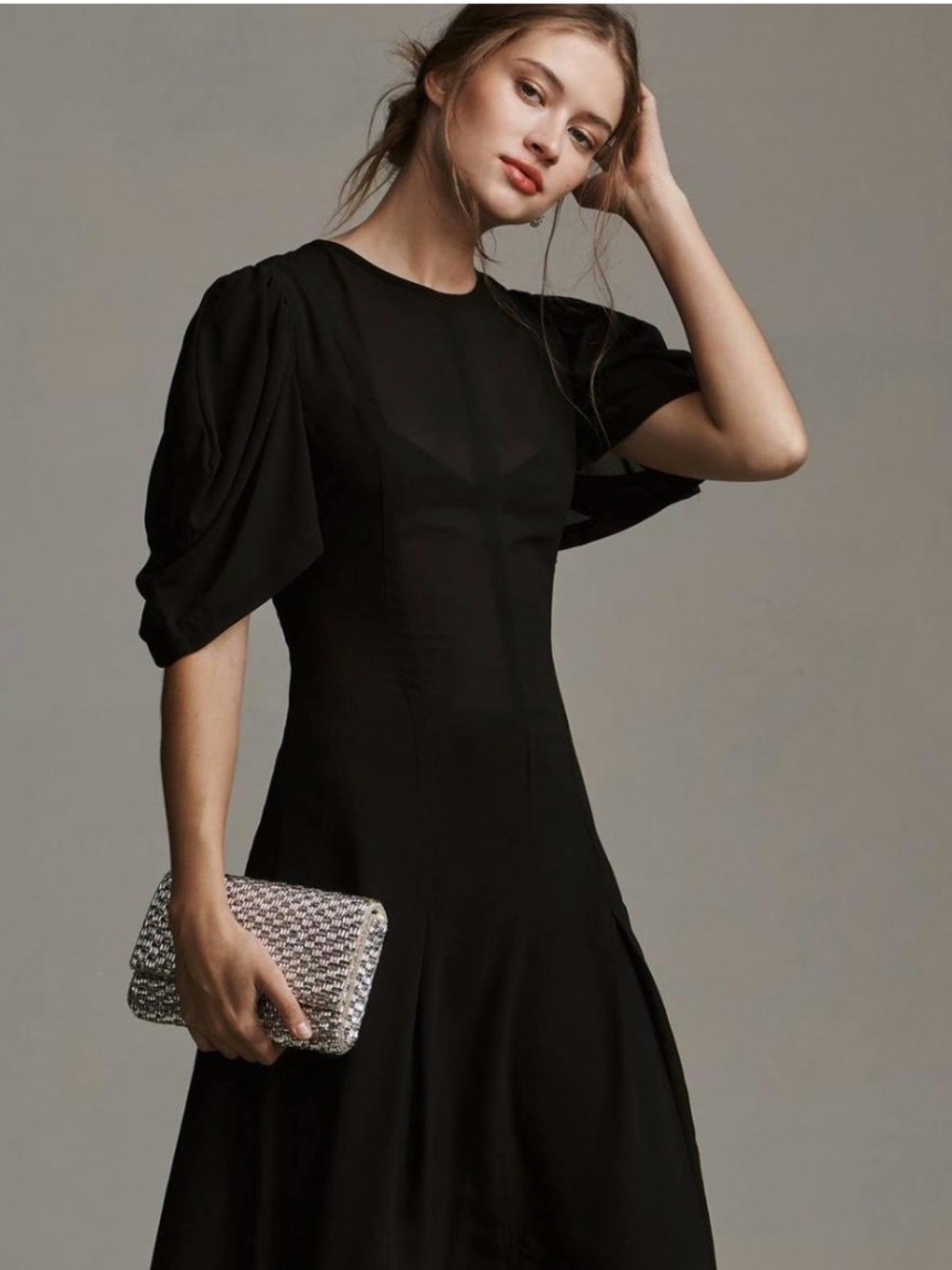 Anthropologie Black sheer Puff-Sleeve Midi Dress